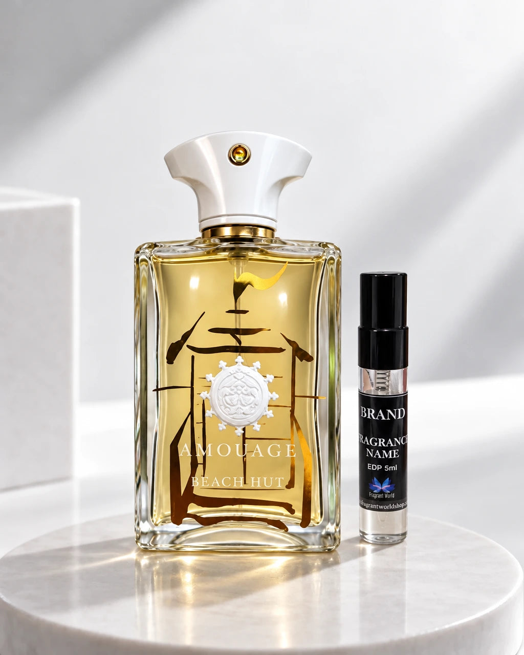 Amouage BEACH HUT MAN | Recreate @visual reference 1 exactly as it is without adding anything to it, with the same intensity of shades and everything, but with my fragrance bottle inst