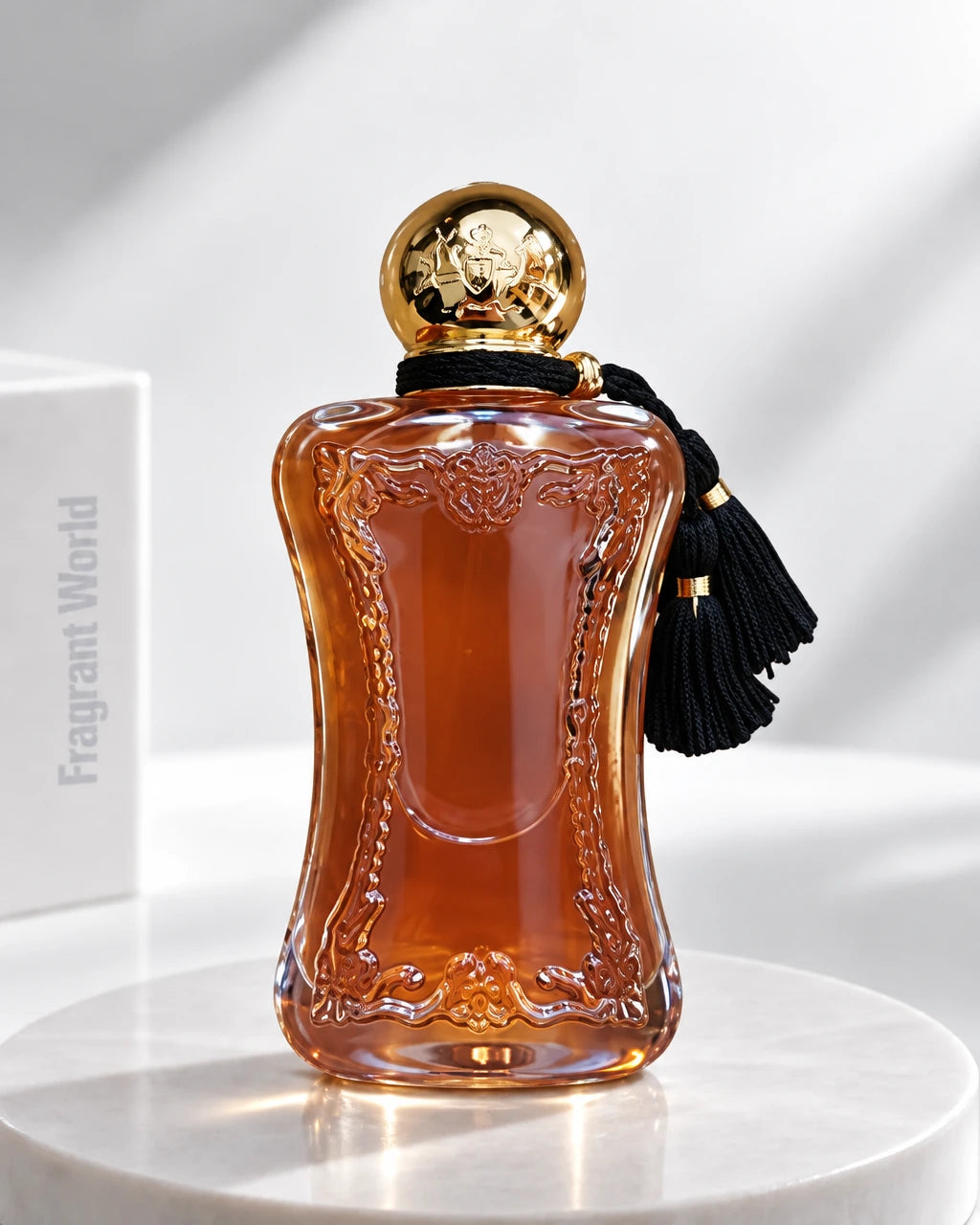 Parfums de Marly SAFANAD | Recreate @visual reference 2 exactly as it is but my fragrance instead of the one in it, very naturally.