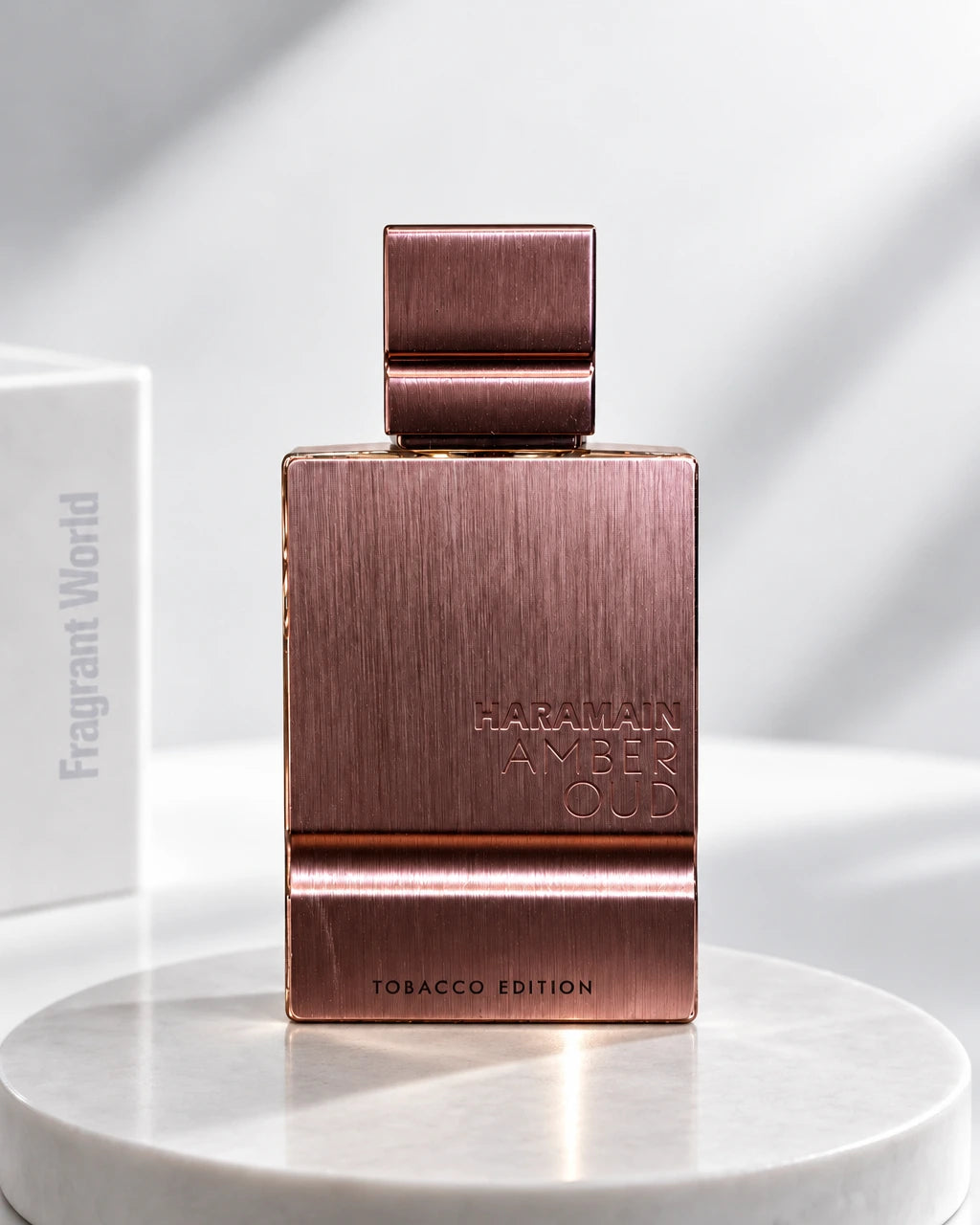 Al Haramain AMBER OUD TOBACCO EDITION | Recreate @visual reference 1 exactly as it is but my fragrance instead of the one in it, very naturally.