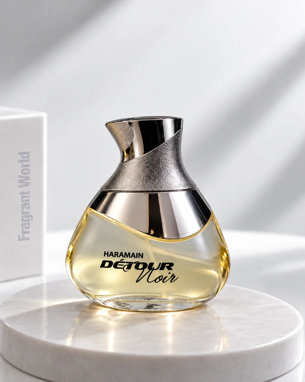 Al Haramain DÉTOUR NOIR | Recreate @visual reference 1 exactly as it is but my fragrance instead of the one in it, very naturally.