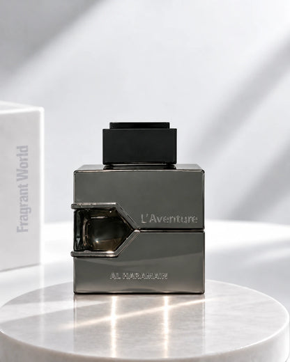 Al Haramain L'AVENTURE | Recreate @visual reference 1 exactly as it is but my fragrance instead of the one in it, very naturally.