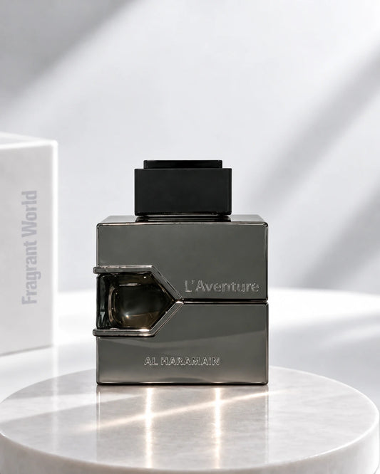 Al Haramain L'AVENTURE | Recreate @visual reference 1 exactly as it is but my fragrance instead of the one in it, very naturally.