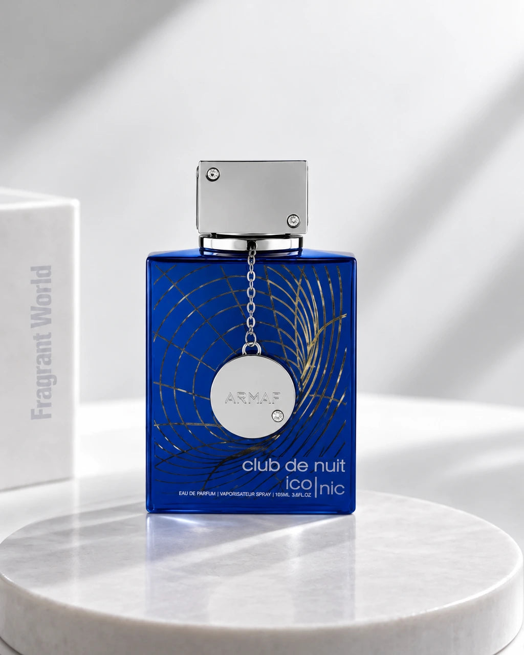 Armaf CLUB DE NUIT BLUE ICONIC | Recreate @visual reference 1 exactly as it is but my fragrance instead of the one in it, very naturally.