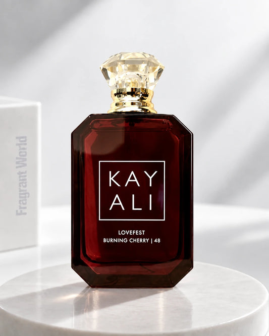 Kayali LOVEFEST BURNING CHERRY | 48 | Recreate @visual reference 2 exactly as it is but my fragrance instead of the one in it, very naturally.