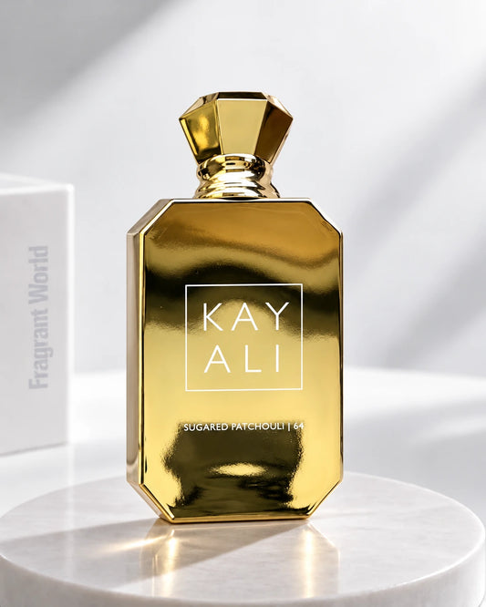 Kayali VANILLA ROYALE SUGARED PATCHOULI | 64 | Recreate @visual reference 2 exactly as it is but my fragrance instead of the one in it, very naturally.