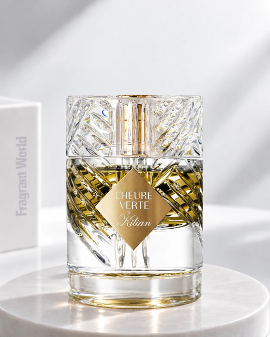 Kilian L'HEURE VERTE | Recreate @visual reference 2 exactly as it is but my fragrance instead of the one in it, very naturally.