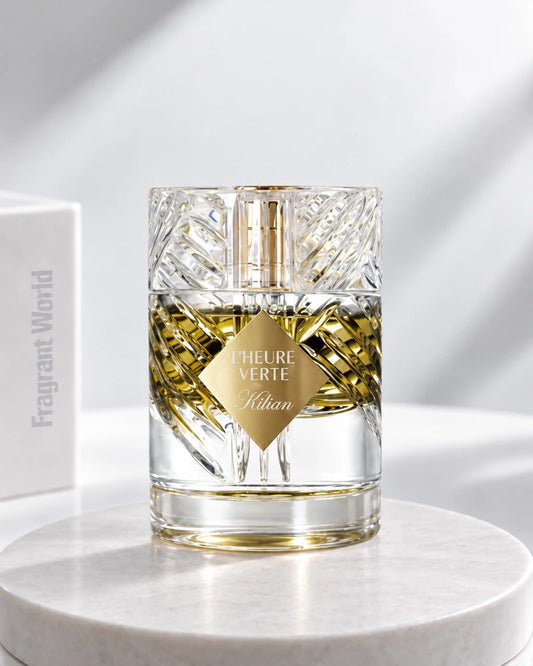 Kilian L'HEURE VERTE | Recreate @visual reference 2 exactly as it is but my with my fragrance botlle instead of the one in it, very naturally.