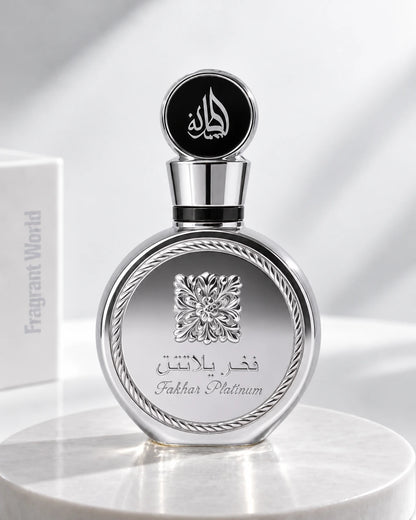 Lattafa FAKHAR PLATIN | Recreate @visual reference 2 exactly as it is but my fragrance instead of the one in it, very naturally.
