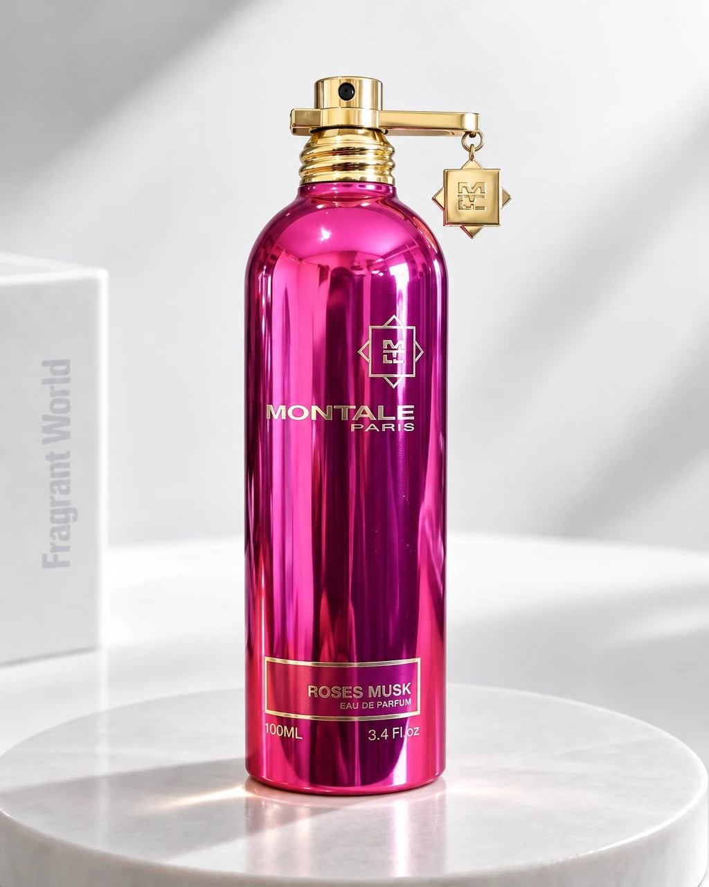 Montale ROSES MUSK | Recreate @visual reference 2 exactly as it is but my fragrance instead of the one in it, very naturally.