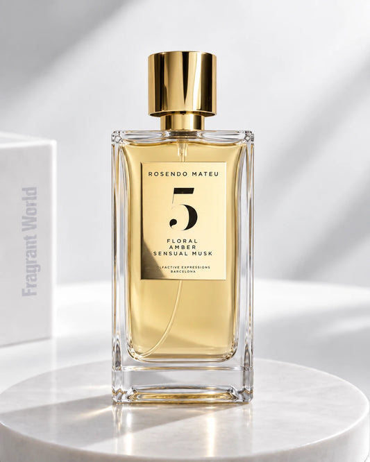 Rosendo Mateu Nº 5 FLORAL, AMBER, SENSUAL MUSK | Recreate @visual reference 2 exactly as it is but my fragrance instead of the one in it, very naturally.