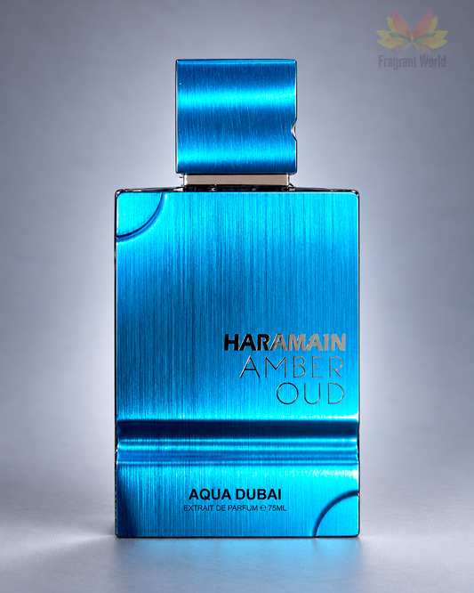 Al Haramain AMBER OUD AQUA DUBAI sobre fundo cinzento
