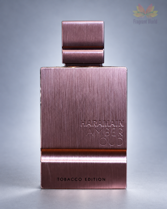 Al Haramain AMBER OUD TOBACCO EDITION sobre fundo cinzento