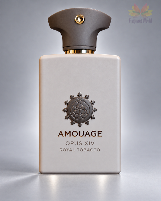 Amouage 'OPUS XIV' ROYAL TOBACCO em fundo cinzento